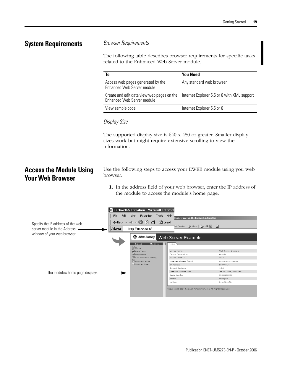 System requirements, Access the module using your web browser | Rockwell Automation 1768-EWEB EtherNet/IP Web Server Module User Manual User Manual | Page 19 / 170