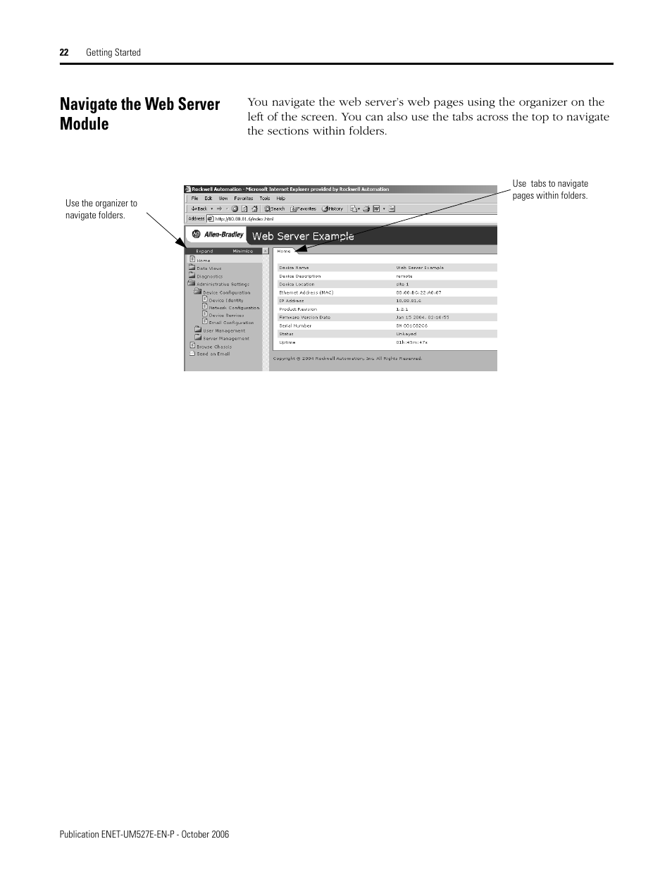 Navigate the web server module | Rockwell Automation 1768-EWEB EtherNet/IP Web Server Module User Manual User Manual | Page 22 / 170