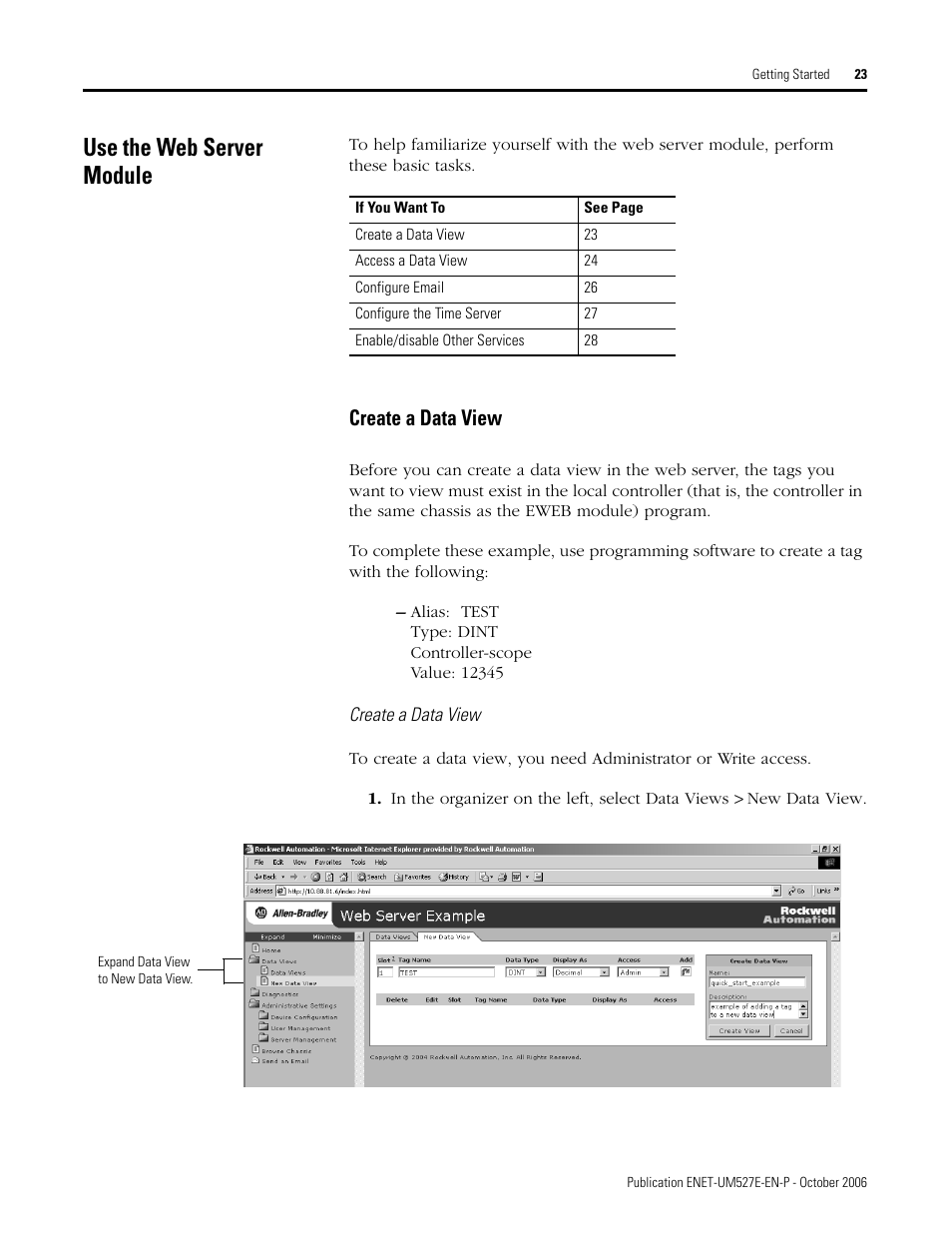 Use the web server module, Create a data view | Rockwell Automation 1768-EWEB EtherNet/IP Web Server Module User Manual User Manual | Page 23 / 170