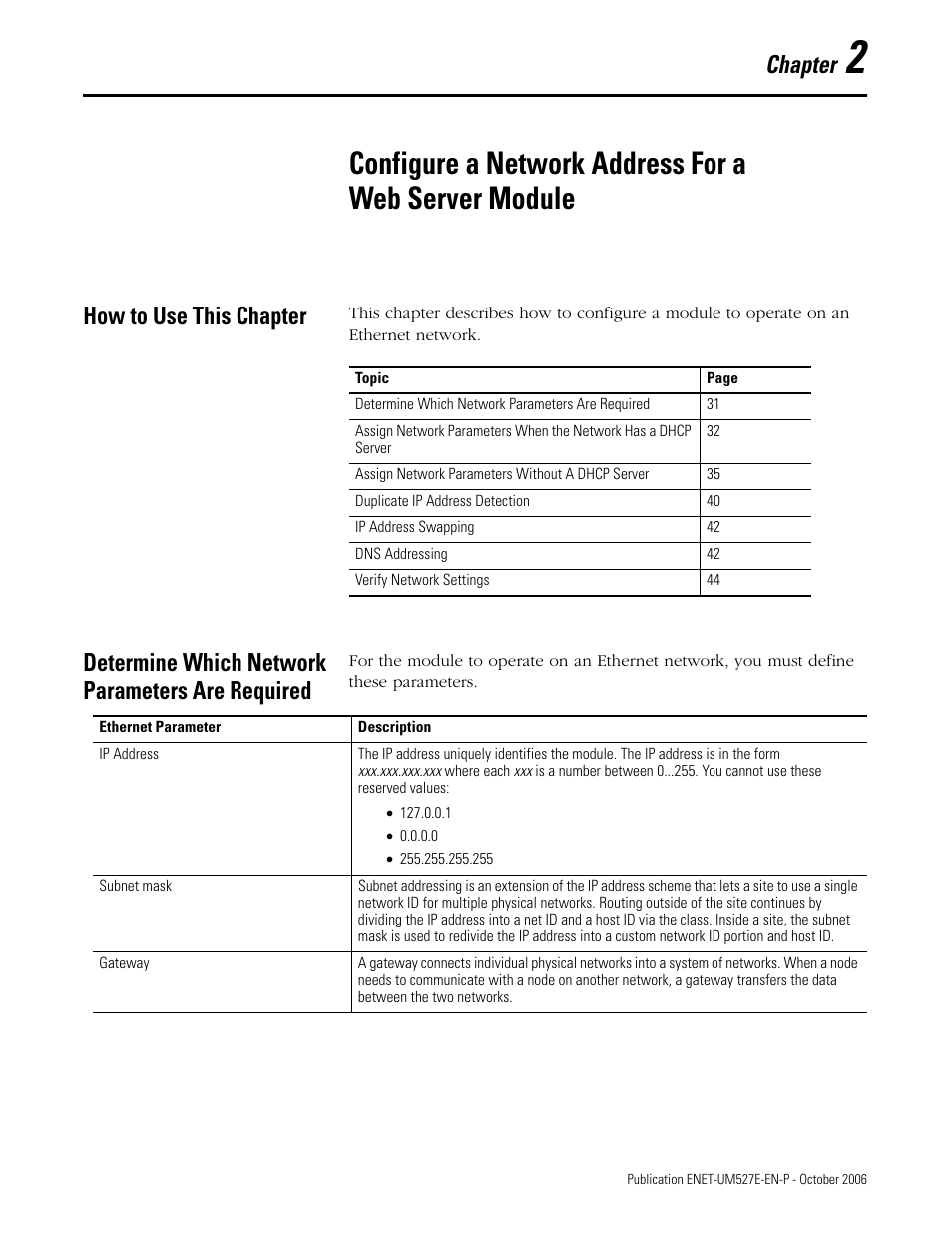 Chapter 2, How to use this chapter, Determine which network parameters are required | Chapter | Rockwell Automation 1768-EWEB EtherNet/IP Web Server Module User Manual User Manual | Page 31 / 170