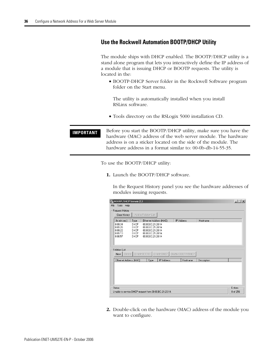 Use the rockwell automation bootp/dhcp utility | Rockwell Automation 1768-EWEB EtherNet/IP Web Server Module User Manual User Manual | Page 36 / 170