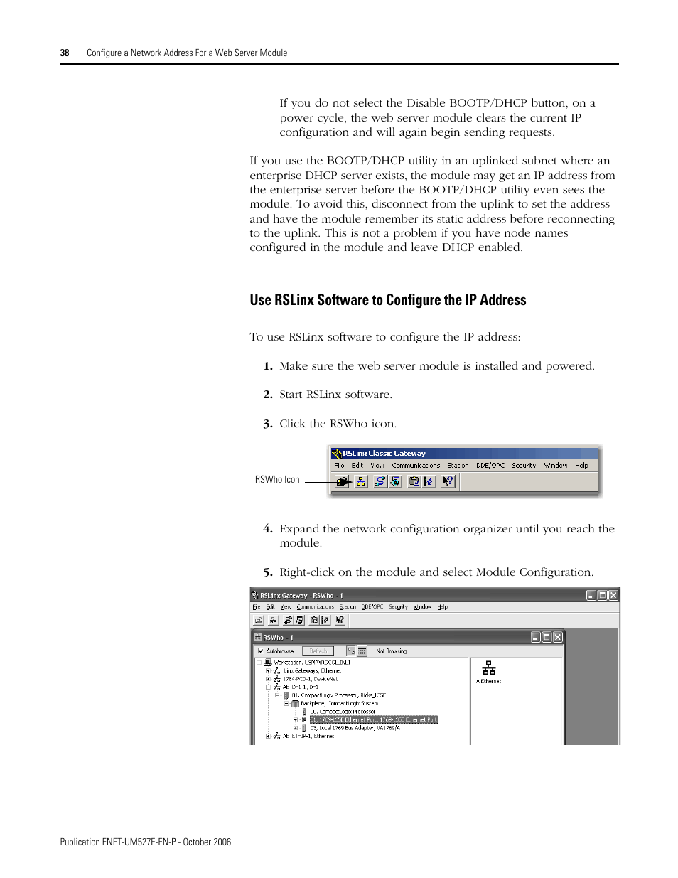 Use rslinx software to configure the ip address | Rockwell Automation 1768-EWEB EtherNet/IP Web Server Module User Manual User Manual | Page 38 / 170