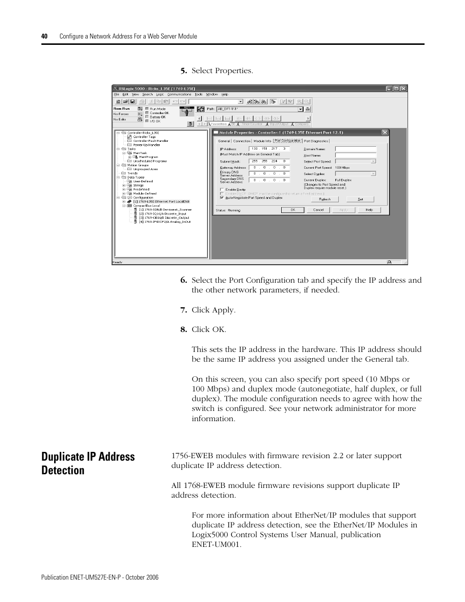 Duplicate ip address detection | Rockwell Automation 1768-EWEB EtherNet/IP Web Server Module User Manual User Manual | Page 40 / 170
