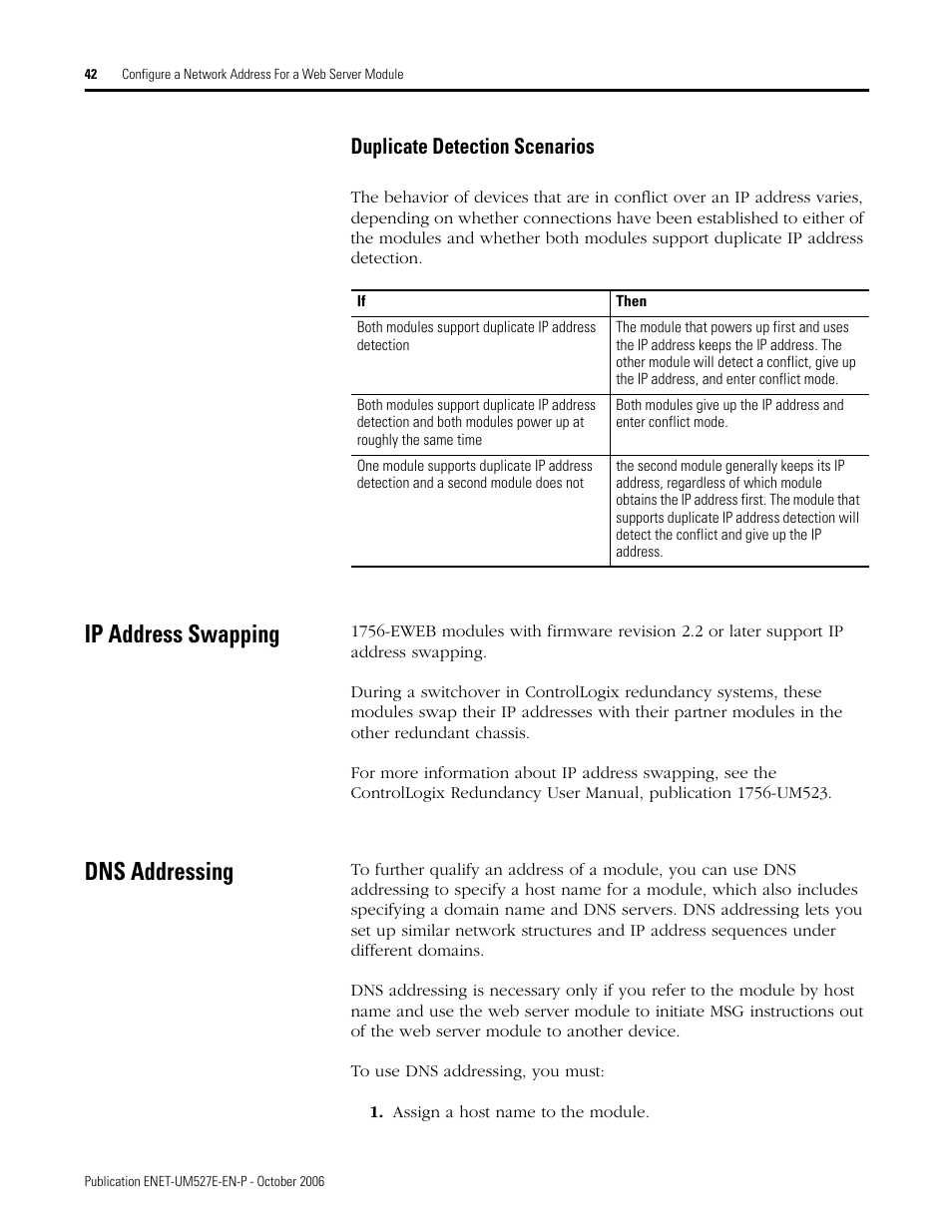 Duplicate detection scenarios, Ip address swapping, Dns addressing | Ip address swapping dns addressing | Rockwell Automation 1768-EWEB EtherNet/IP Web Server Module User Manual User Manual | Page 42 / 170