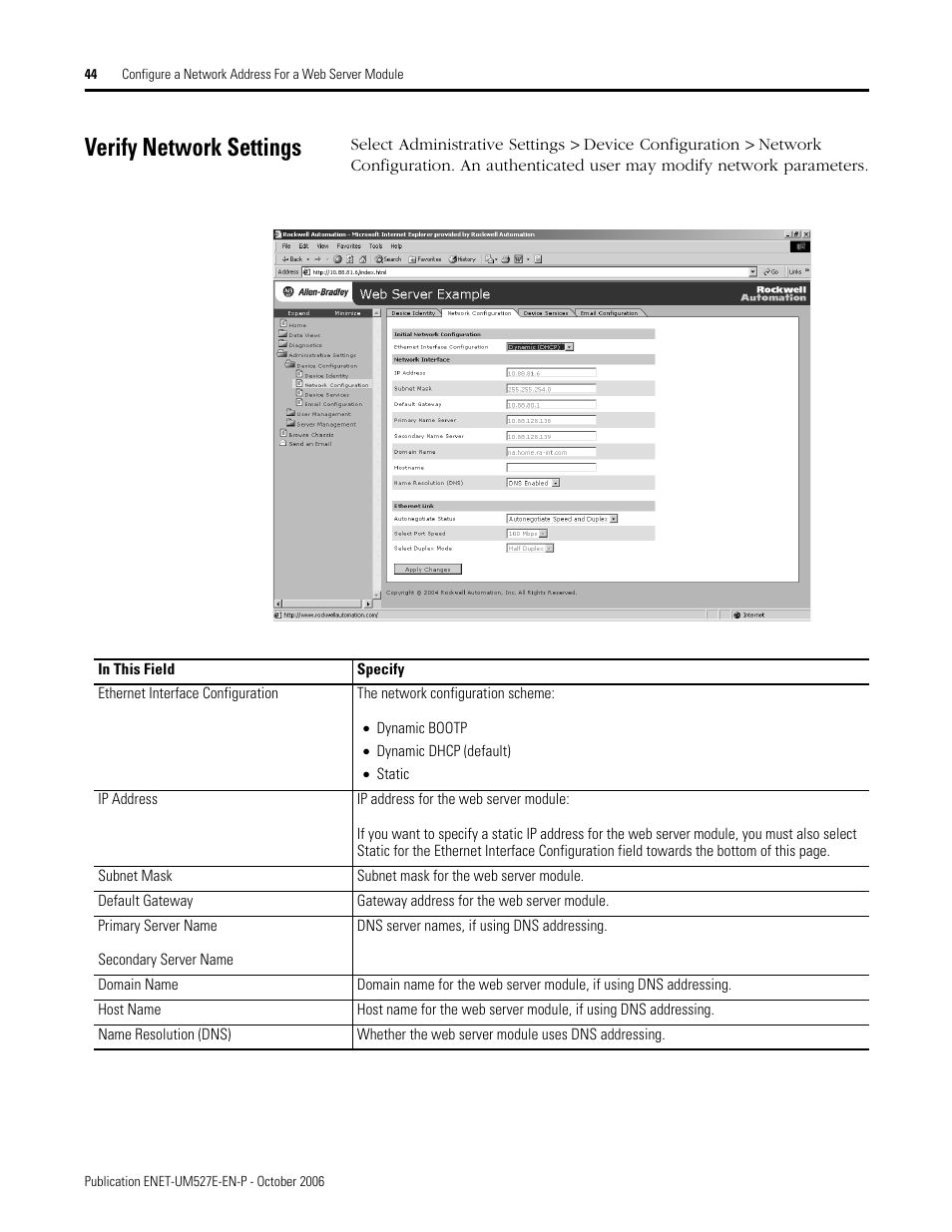 Verify network settings | Rockwell Automation 1768-EWEB EtherNet/IP Web Server Module User Manual User Manual | Page 44 / 170