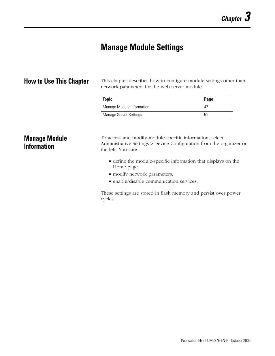 Chapter 3, Manage module settings, How to use this chapter | Manage module information, How to use this chapter manage module information, Chapter | Rockwell Automation 1768-EWEB EtherNet/IP Web Server Module User Manual User Manual | Page 47 / 170