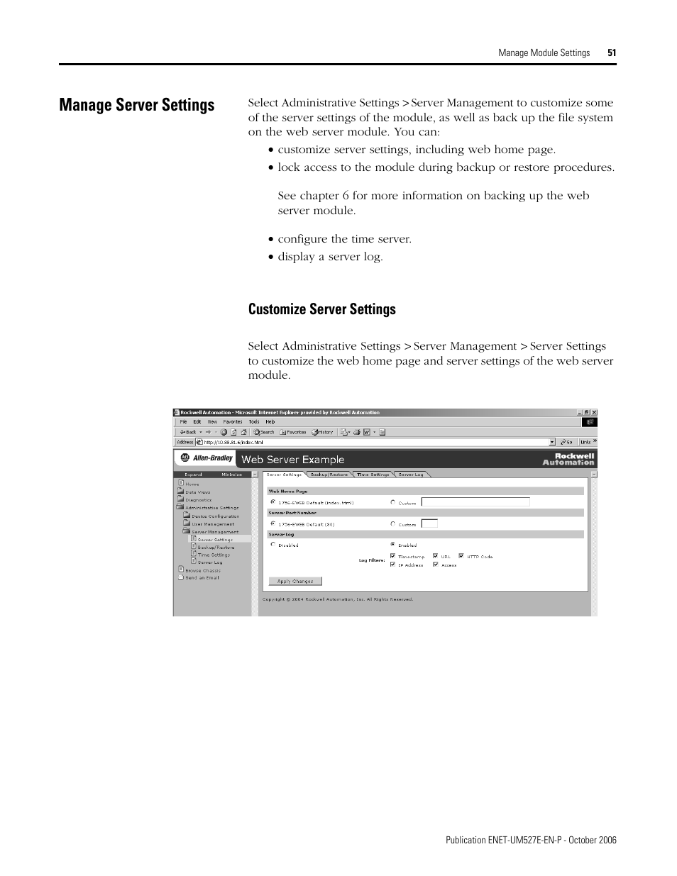 Manage server settings, Customize server settings | Rockwell Automation 1768-EWEB EtherNet/IP Web Server Module User Manual User Manual | Page 51 / 170