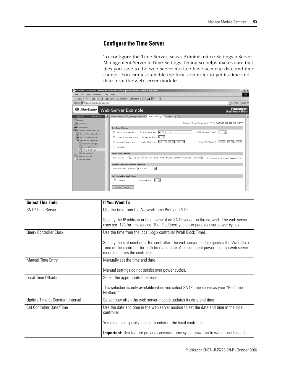 Configure the time server | Rockwell Automation 1768-EWEB EtherNet/IP Web Server Module User Manual User Manual | Page 53 / 170