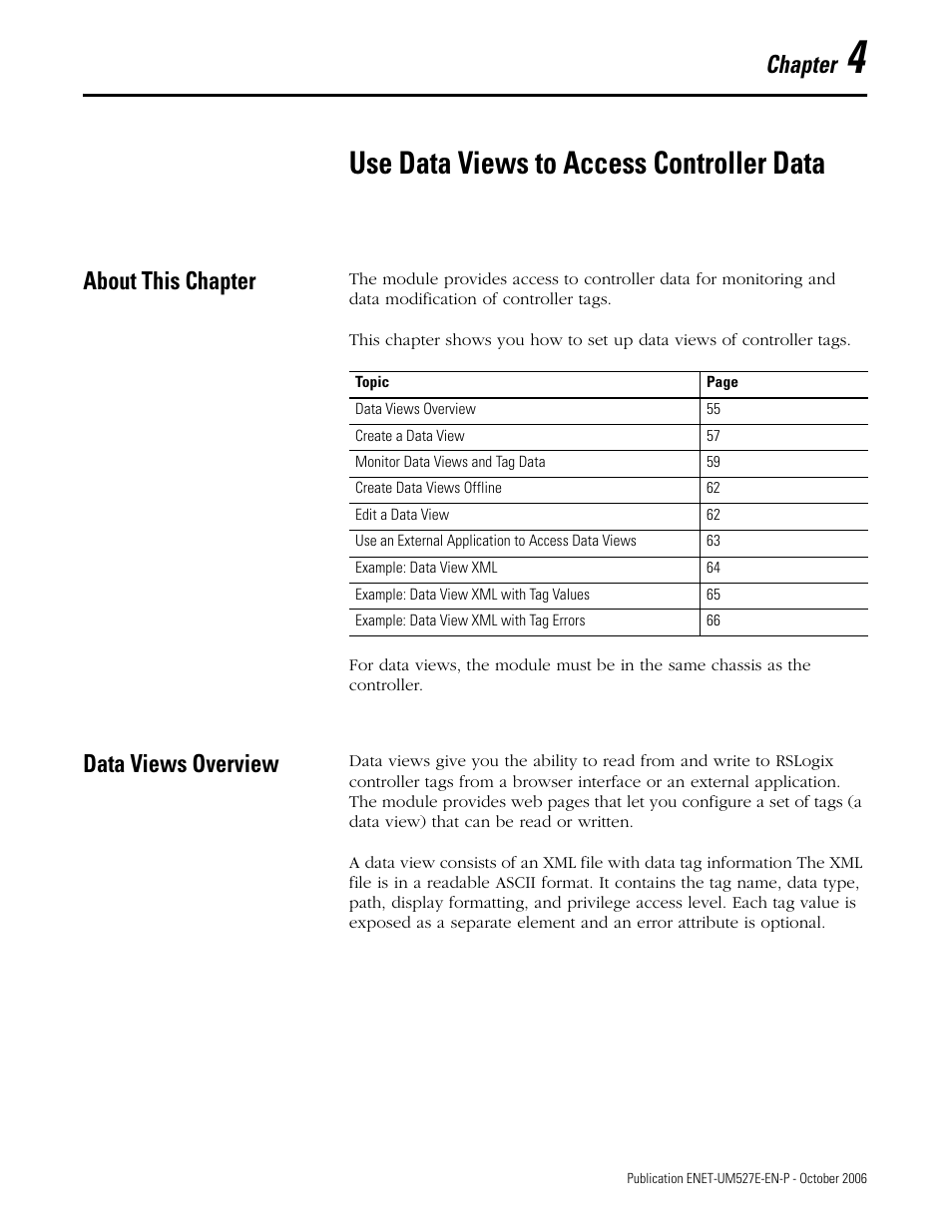 Chapter 4, Use data views to access controller data, About this chapter | Data views overview, About this chapter data views overview, Chapter | Rockwell Automation 1768-EWEB EtherNet/IP Web Server Module User Manual User Manual | Page 55 / 170