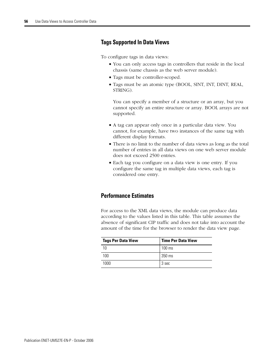 Tags supported in data views, Performance estimates, Tags supported in data views performance estimates | Rockwell Automation 1768-EWEB EtherNet/IP Web Server Module User Manual User Manual | Page 56 / 170