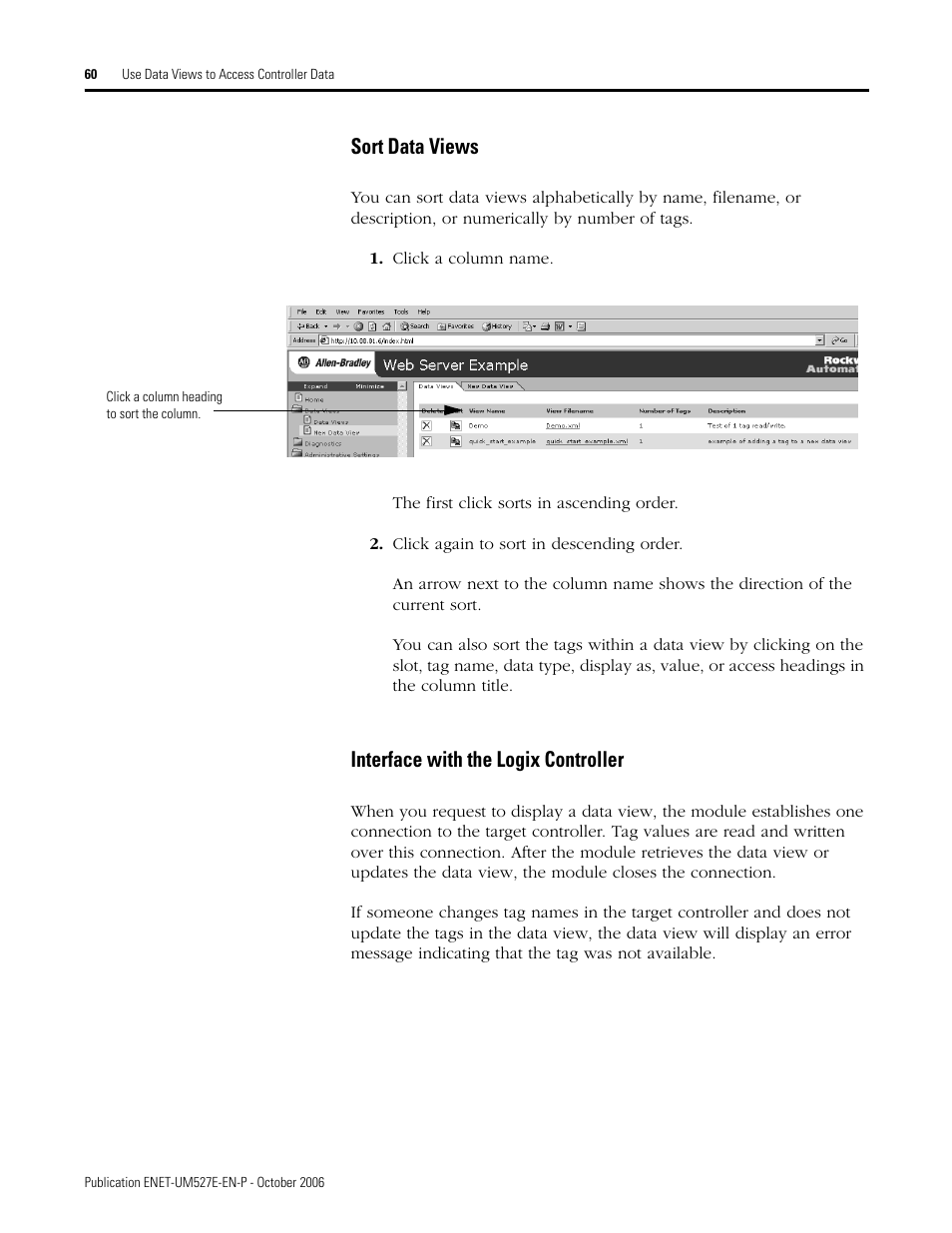 Sort data views, Interface with the logix controller | Rockwell Automation 1768-EWEB EtherNet/IP Web Server Module User Manual User Manual | Page 60 / 170