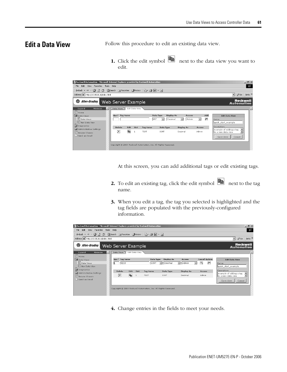 Edit a data view | Rockwell Automation 1768-EWEB EtherNet/IP Web Server Module User Manual User Manual | Page 61 / 170