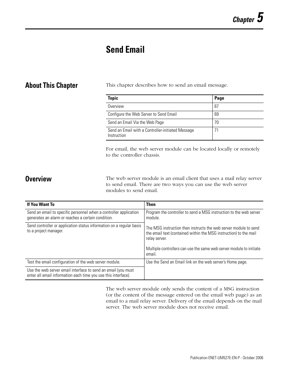 Chapter 5, Send email, About this chapter | Overview, About this chapter overview, Chapter | Rockwell Automation 1768-EWEB EtherNet/IP Web Server Module User Manual User Manual | Page 67 / 170