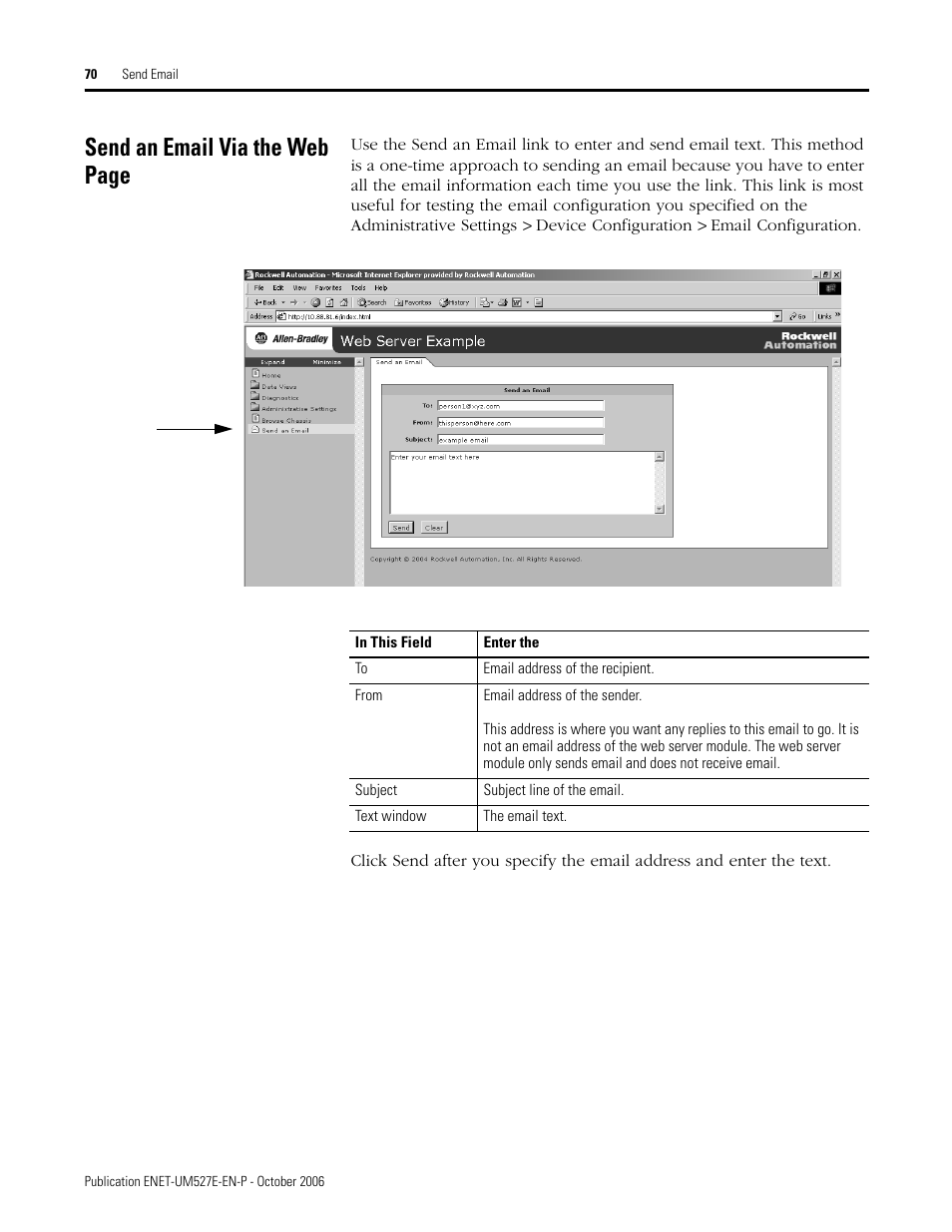 Send an email via the web page | Rockwell Automation 1768-EWEB EtherNet/IP Web Server Module User Manual User Manual | Page 70 / 170