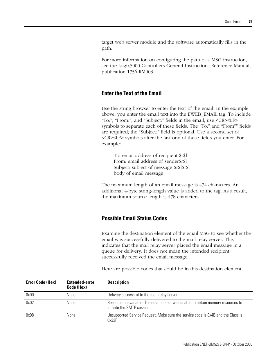 Enter the text of the email, Possible email status codes | Rockwell Automation 1768-EWEB EtherNet/IP Web Server Module User Manual User Manual | Page 75 / 170