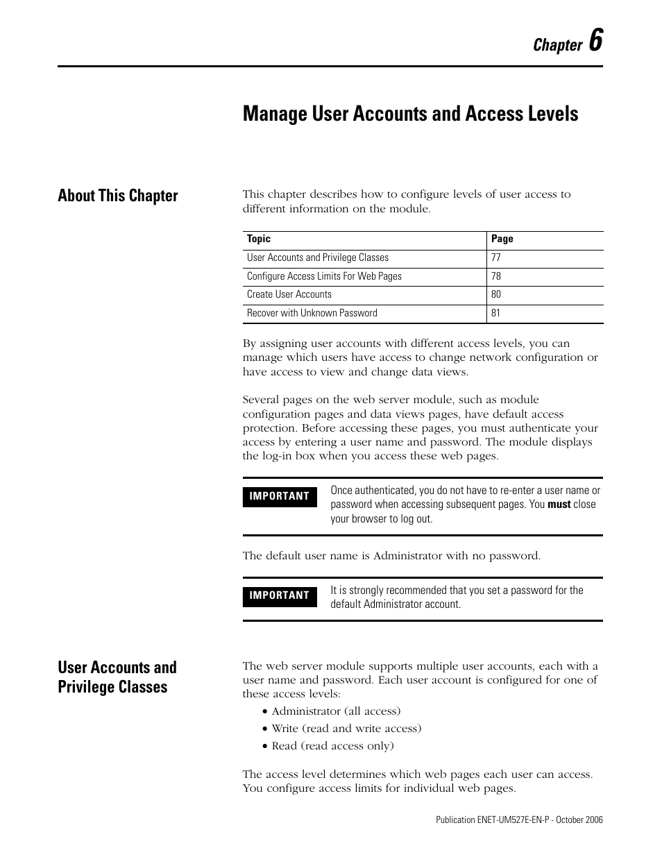 Chapter 6, Manage user accounts and access levels, About this chapter | User accounts and privilege classes, Chapter | Rockwell Automation 1768-EWEB EtherNet/IP Web Server Module User Manual User Manual | Page 77 / 170