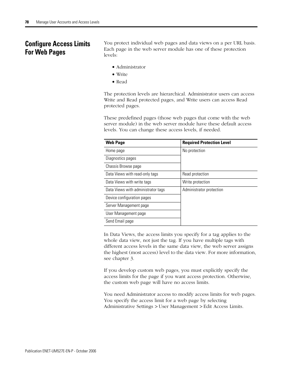 Configure access limits for web pages | Rockwell Automation 1768-EWEB EtherNet/IP Web Server Module User Manual User Manual | Page 78 / 170