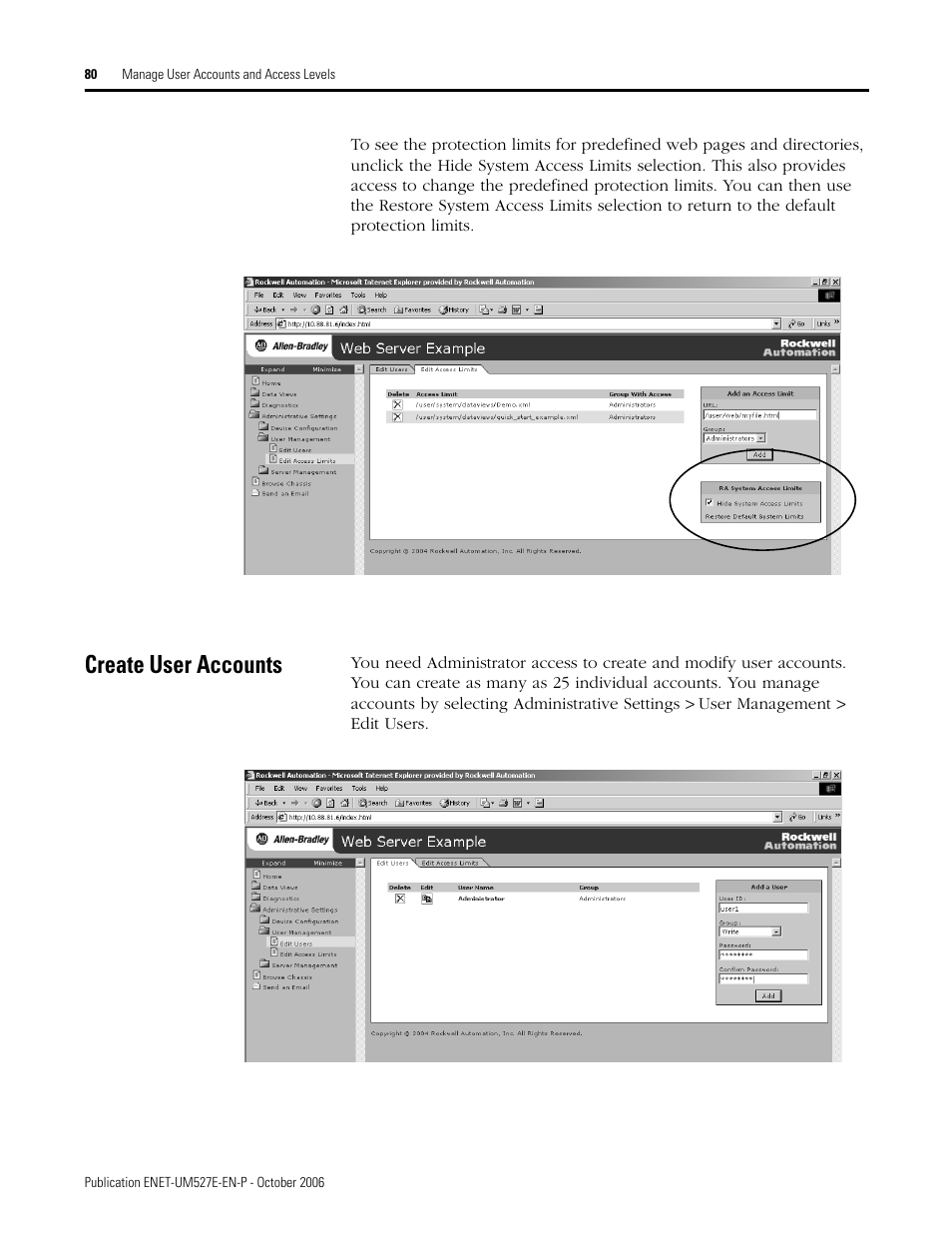 Create user accounts | Rockwell Automation 1768-EWEB EtherNet/IP Web Server Module User Manual User Manual | Page 80 / 170