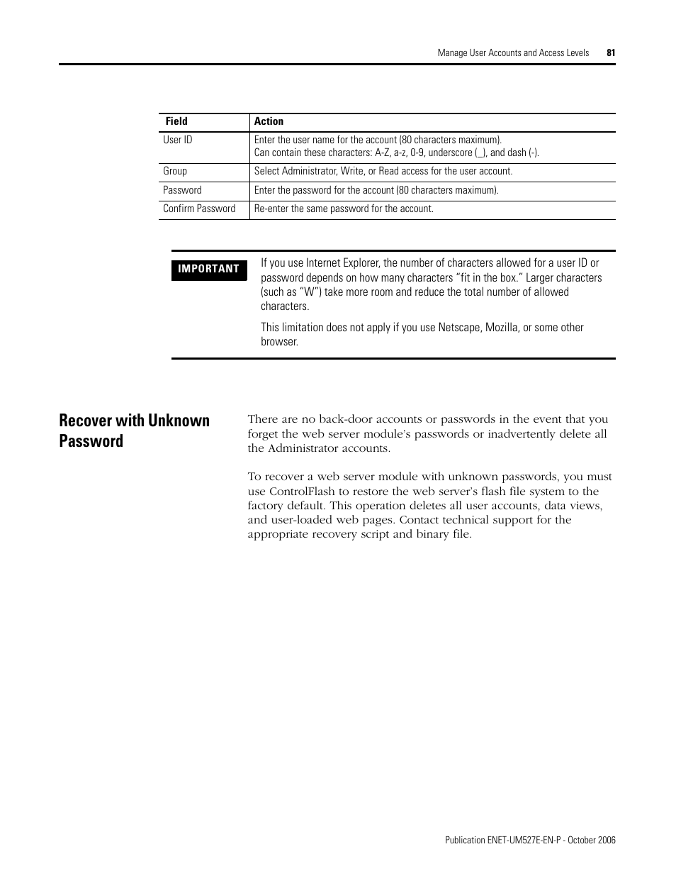 Recover with unknown password | Rockwell Automation 1768-EWEB EtherNet/IP Web Server Module User Manual User Manual | Page 81 / 170