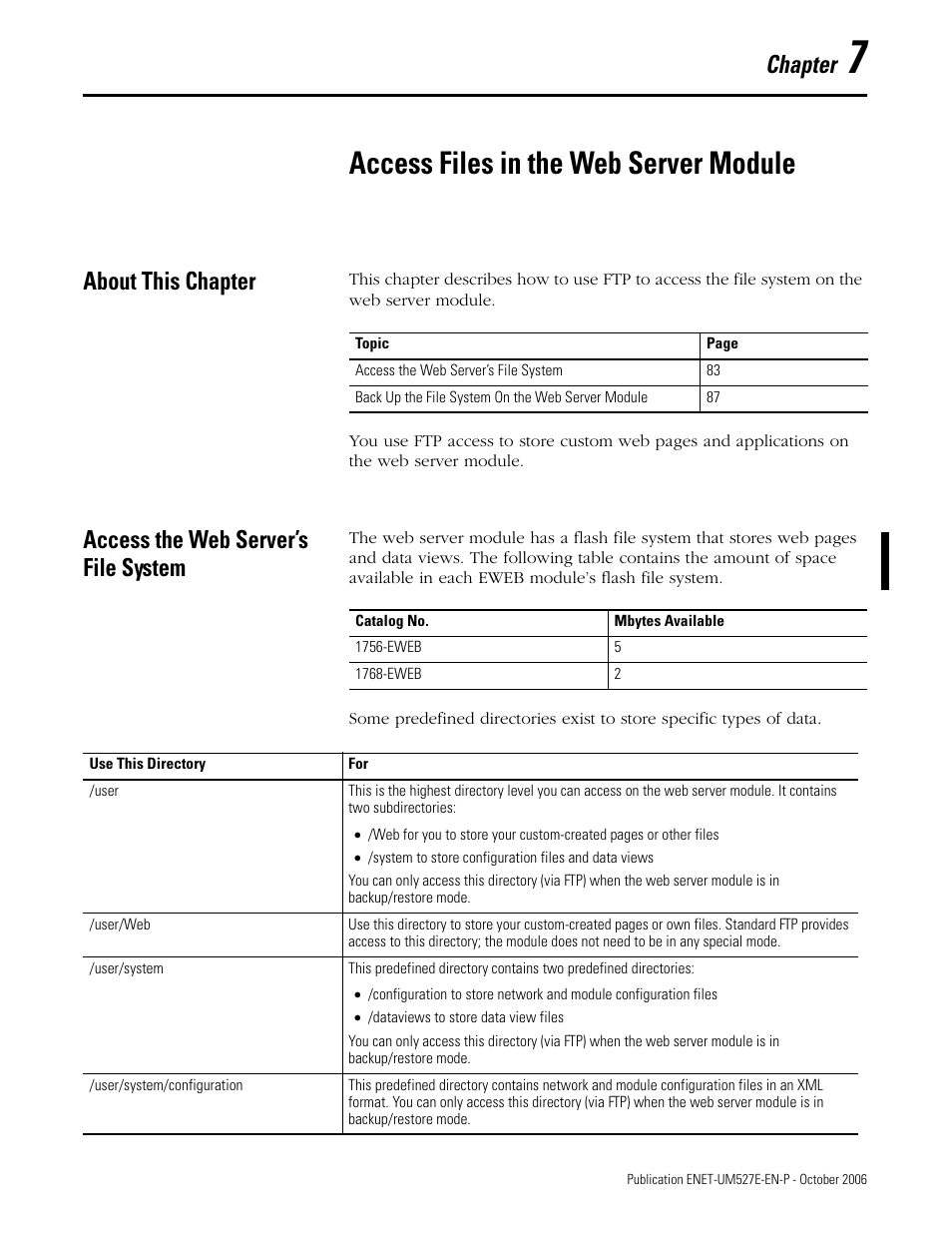 Chapter 7, Access files in the web server module, About this chapter | Access the web server’s file system, 7 - access files in the web server module, Chapter | Rockwell Automation 1768-EWEB EtherNet/IP Web Server Module User Manual User Manual | Page 83 / 170
