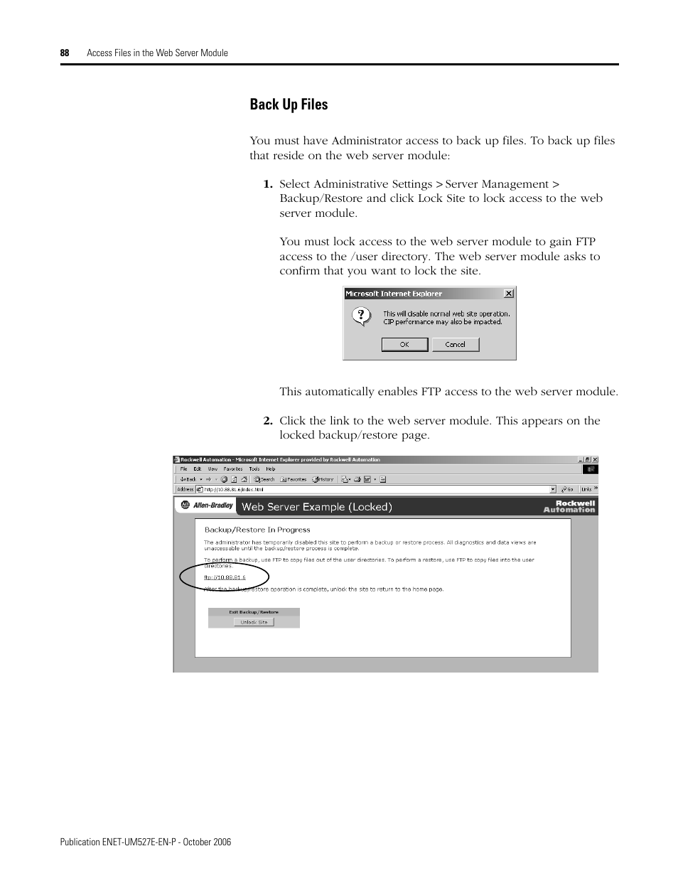 Back up files | Rockwell Automation 1768-EWEB EtherNet/IP Web Server Module User Manual User Manual | Page 88 / 170