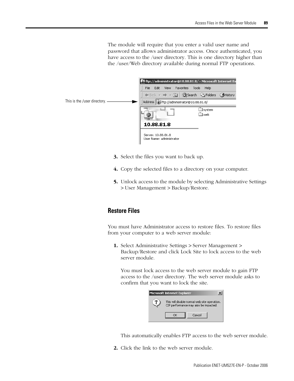 Restore files | Rockwell Automation 1768-EWEB EtherNet/IP Web Server Module User Manual User Manual | Page 89 / 170