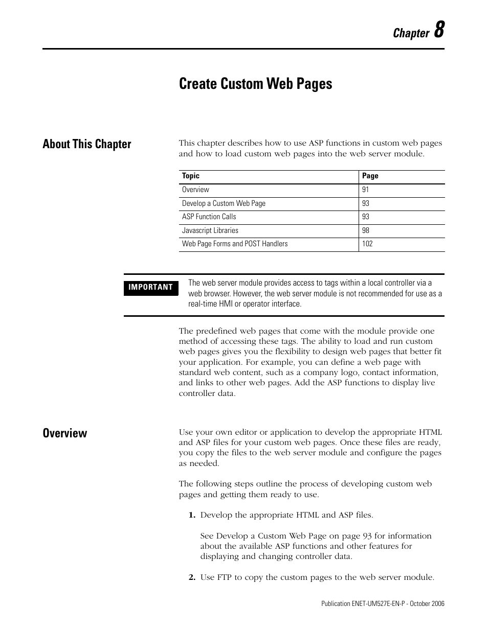 Chapter 8, About this chapter, Overview | About this chapter overview, Create custom web pages, Chapter | Rockwell Automation 1768-EWEB EtherNet/IP Web Server Module User Manual User Manual | Page 91 / 170
