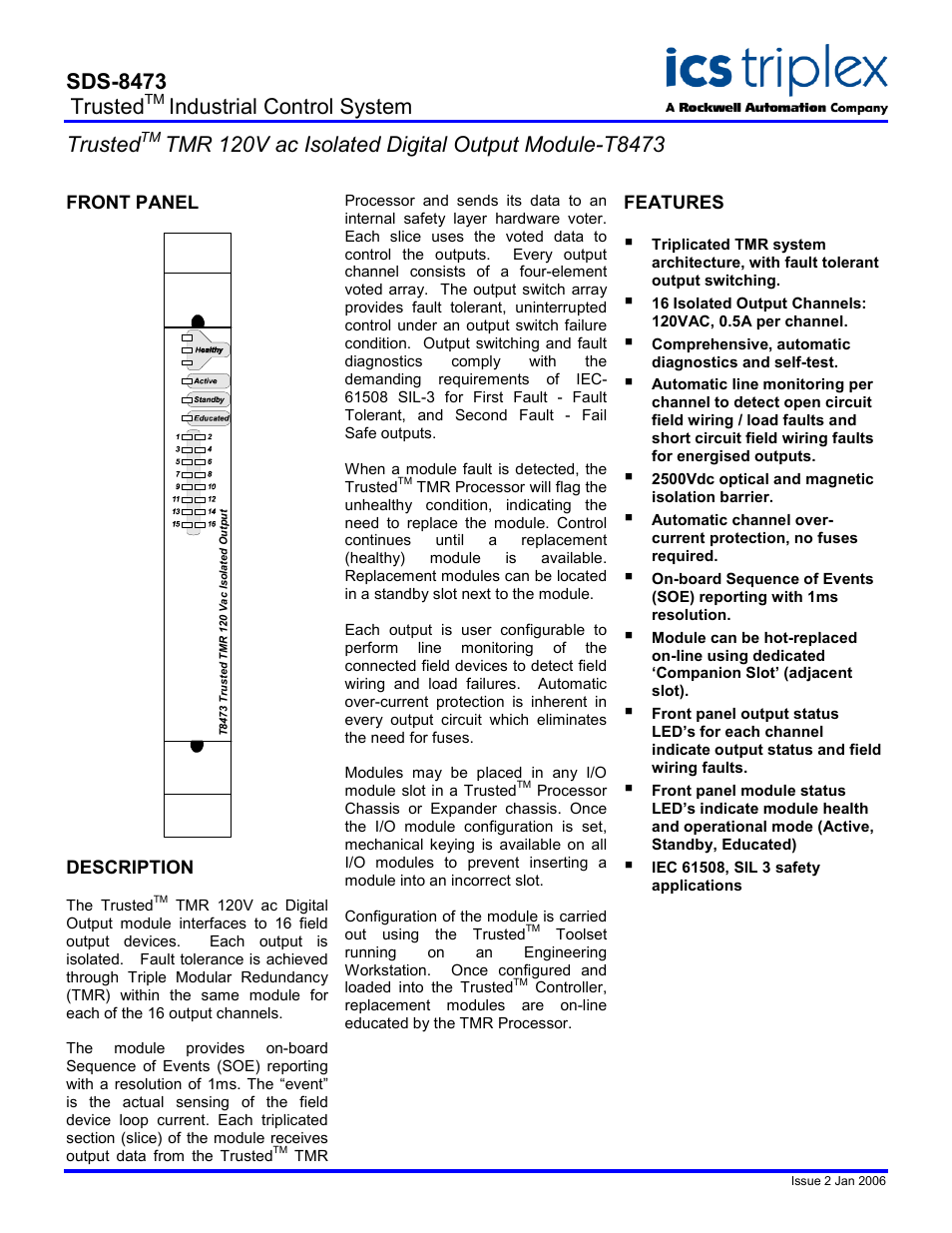 Rockwell Automation T8473 Trusted TMR 120V ac Isolated Digital Output Module User Manual | 2 pages