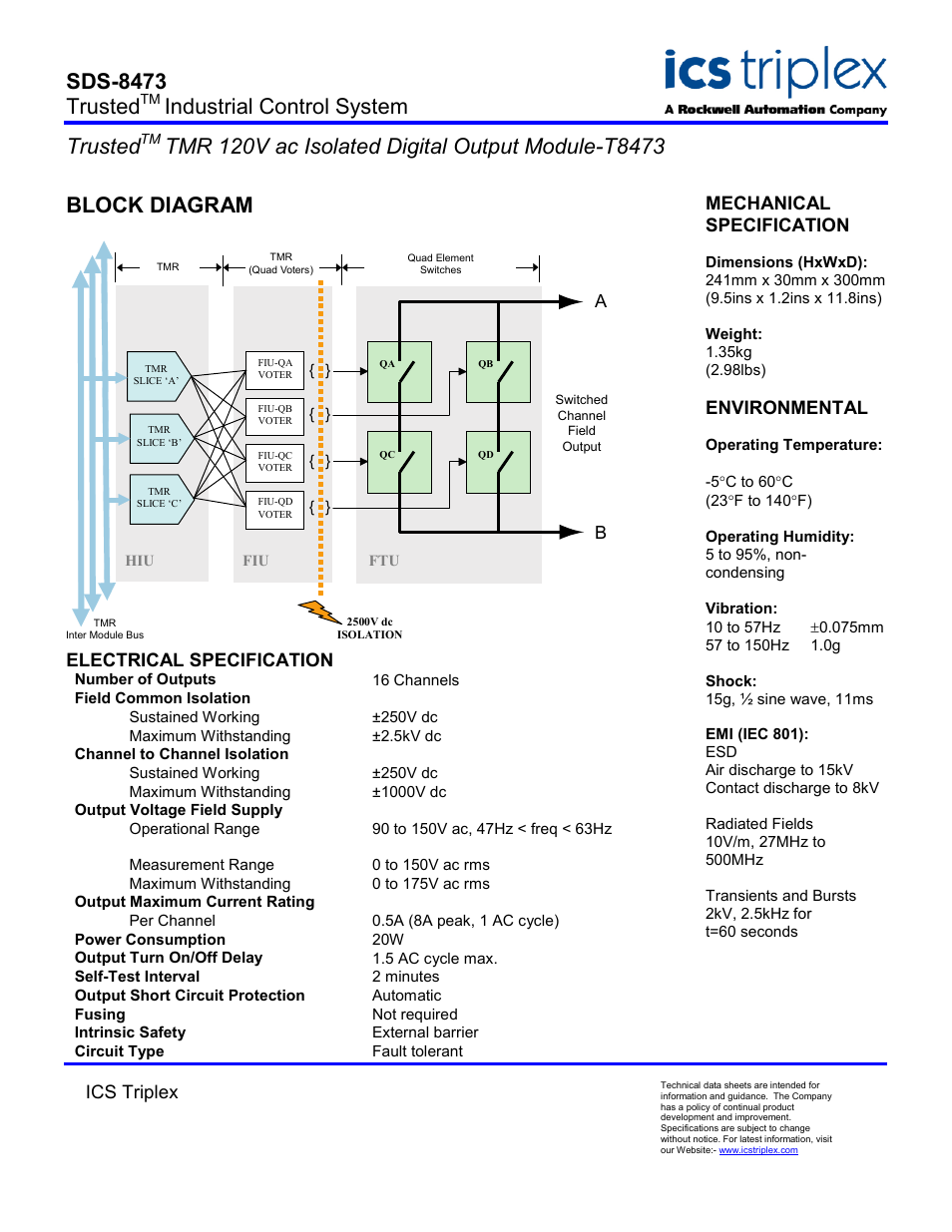 Block diagram, Electrical specification, Sds-8473 trusted | Industrial control system trusted, Ics triplex, Mechanical specification, Environmental | Rockwell Automation T8473 Trusted TMR 120V ac Isolated Digital Output Module User Manual | Page 2 / 2