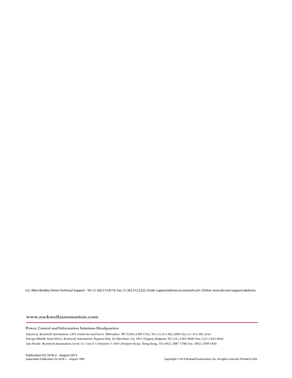 Back cover / publication d2-3416-2 august 2013 | Rockwell Automation GV3000/SE 230VAC 30-100HP GP & Vector Drive V6.04 Start-Up and Reference Manual User Manual | Page 224 / 224