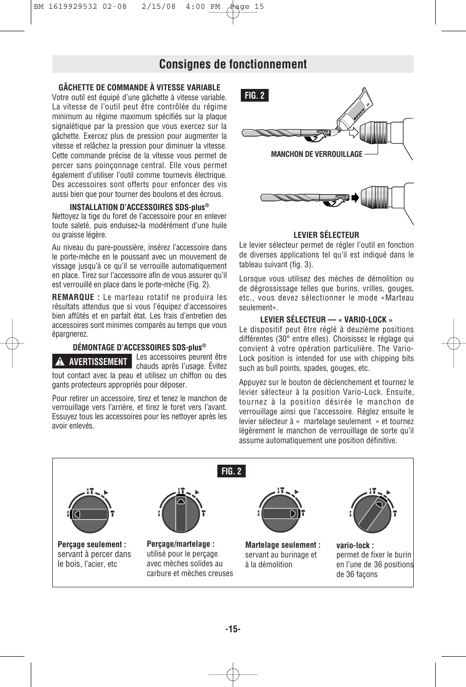 Consignes de fonctionnement | Bosch 11236VS User Manual | Page 15 / 28