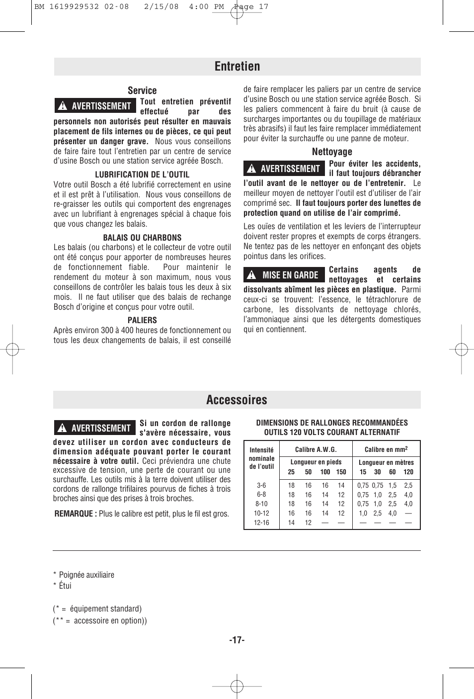 Entretien, Accessoires, Service | Nettoyage | Bosch 11236VS User Manual | Page 17 / 28