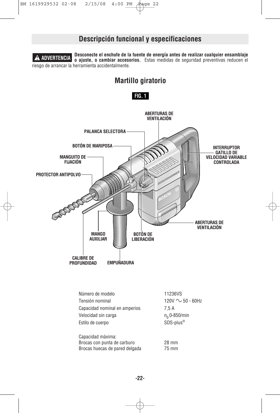 Descripción funcional y especificaciones, Martillo giratorio | Bosch 11236VS User Manual | Page 22 / 28