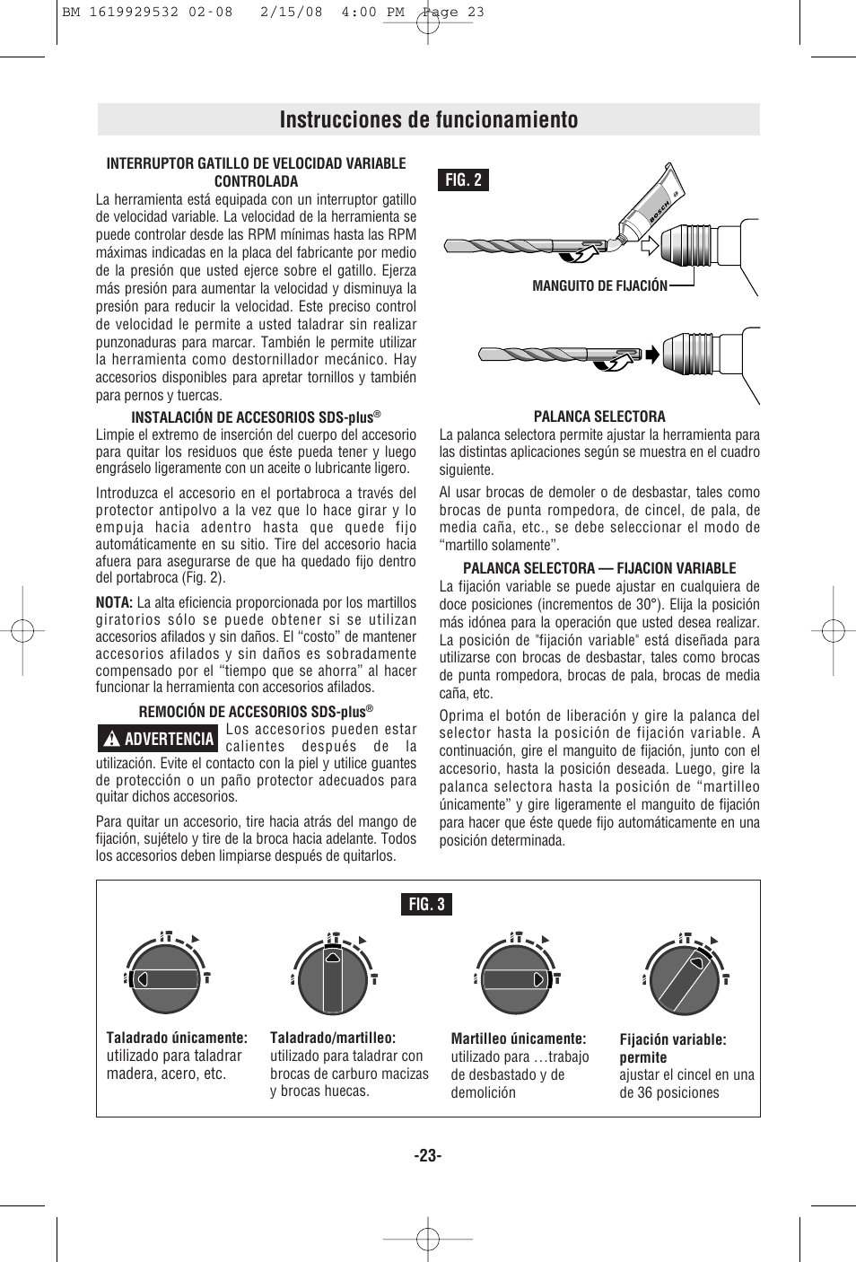 Instrucciones de funcionamiento | Bosch 11236VS User Manual | Page 23 / 28