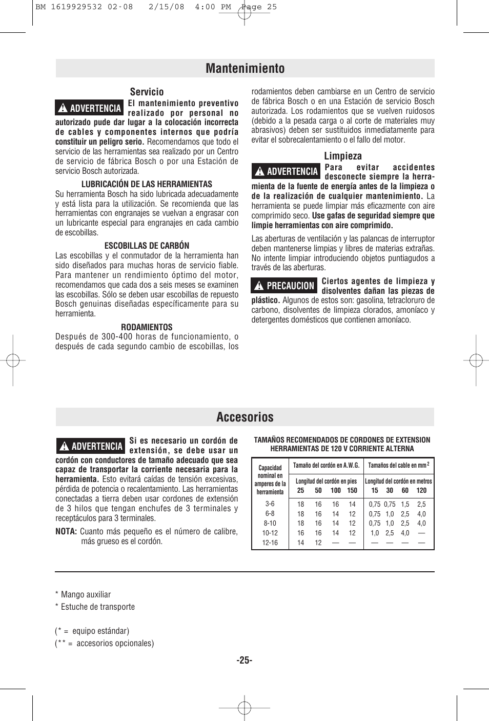 Mantenimiento, Accesorios, Servicio | Limpieza | Bosch 11236VS User Manual | Page 25 / 28