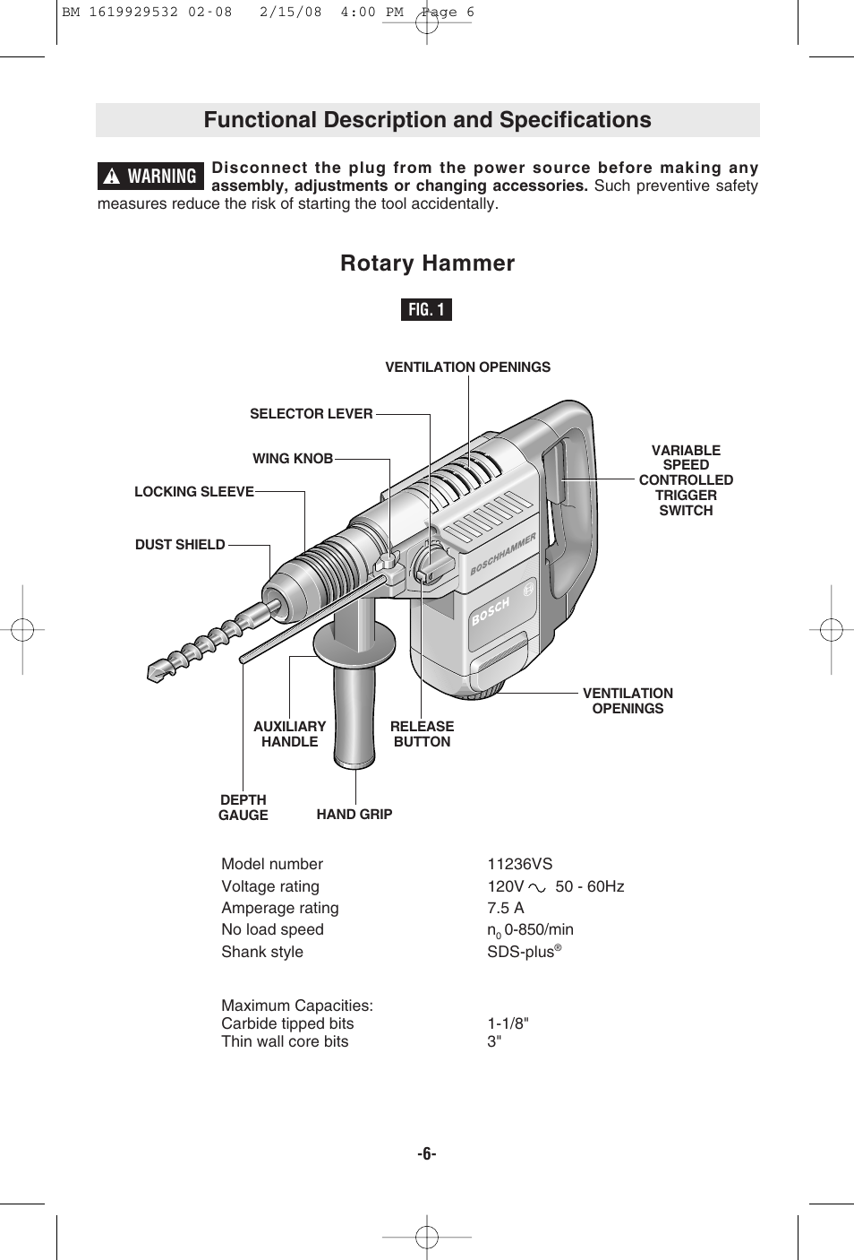 Functional description and specifications, Rotary hammer, Warning | Bosch 11236VS User Manual | Page 6 / 28