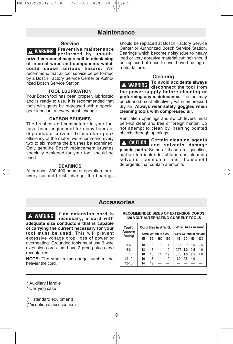 Maintenance, Accessories, Service | Cleaning, Warning, Caution | Bosch 11236VS User Manual | Page 9 / 28