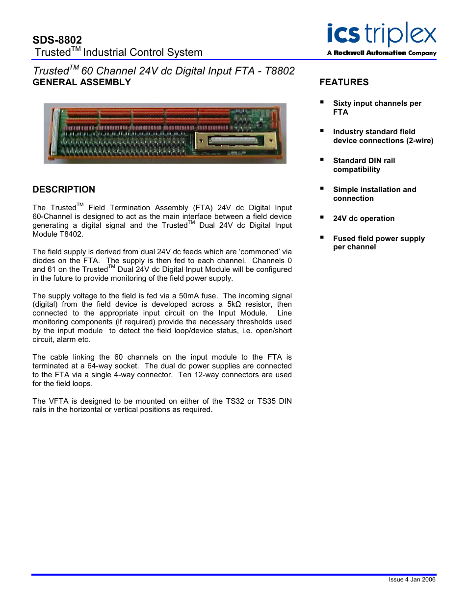 Rockwell Automation T8802 Trusted 60 Channel 24V dc Digital Input FTA User Manual | 2 pages