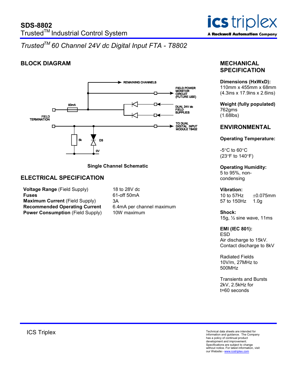 Block diagram, Single channel schematic, Electrical specification | Sds-8802 trusted, Industrial control system trusted | Rockwell Automation T8802 Trusted 60 Channel 24V dc Digital Input FTA User Manual | Page 2 / 2