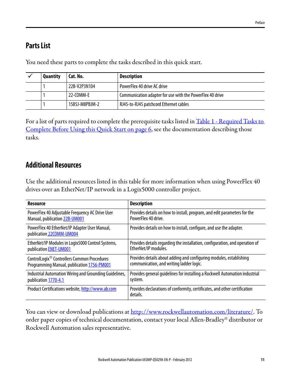 Parts list, Additional resources, Parts list additional resources | Rockwell Automation Logix5000 Systems: Connecting PowerFlex 40 Drives over an EtherNet/IP Network Quick Start User Manual | Page 11 / 36