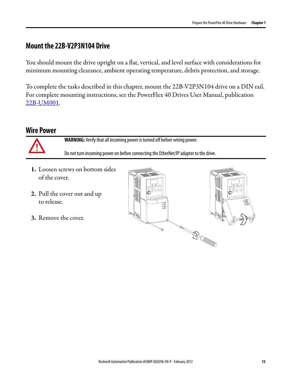 Mount the 22b-v2p3n104 drive, Wire power, Mount the 22b-v2p3n104 drive wire power | Mount the 22b, V2p3n104 drive | Rockwell Automation Logix5000 Systems: Connecting PowerFlex 40 Drives over an EtherNet/IP Network Quick Start User Manual | Page 15 / 36