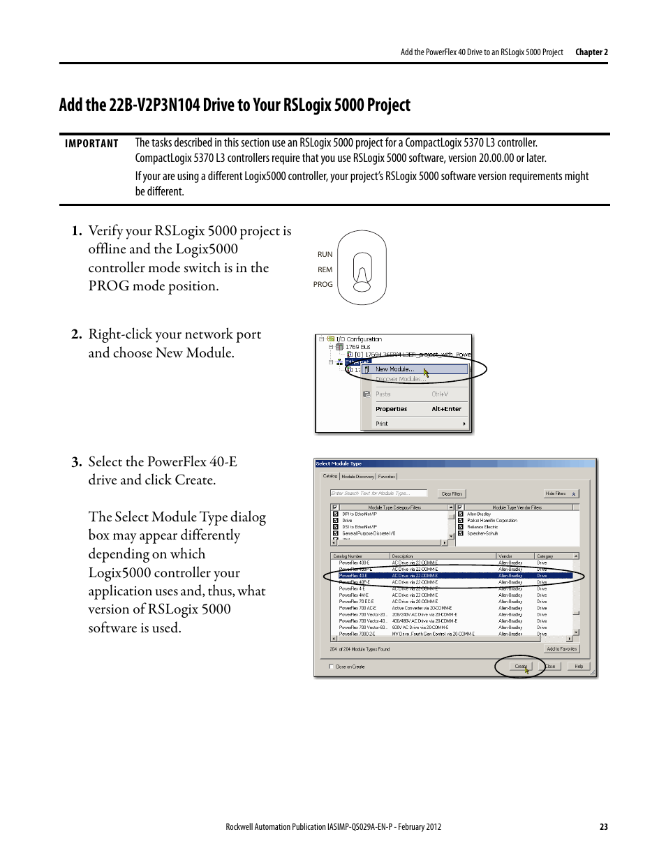 Add the 22b-v2p3n104, Drive to your rslogix, 5000 project | Rockwell Automation Logix5000 Systems: Connecting PowerFlex 40 Drives over an EtherNet/IP Network Quick Start User Manual | Page 23 / 36