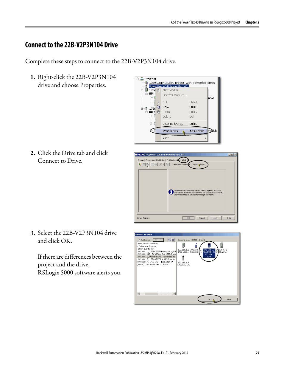 Connect to the 22b-v2p3n104 drive, Connect to the 22b, V2p3n104 drive | Rockwell Automation Logix5000 Systems: Connecting PowerFlex 40 Drives over an EtherNet/IP Network Quick Start User Manual | Page 27 / 36
