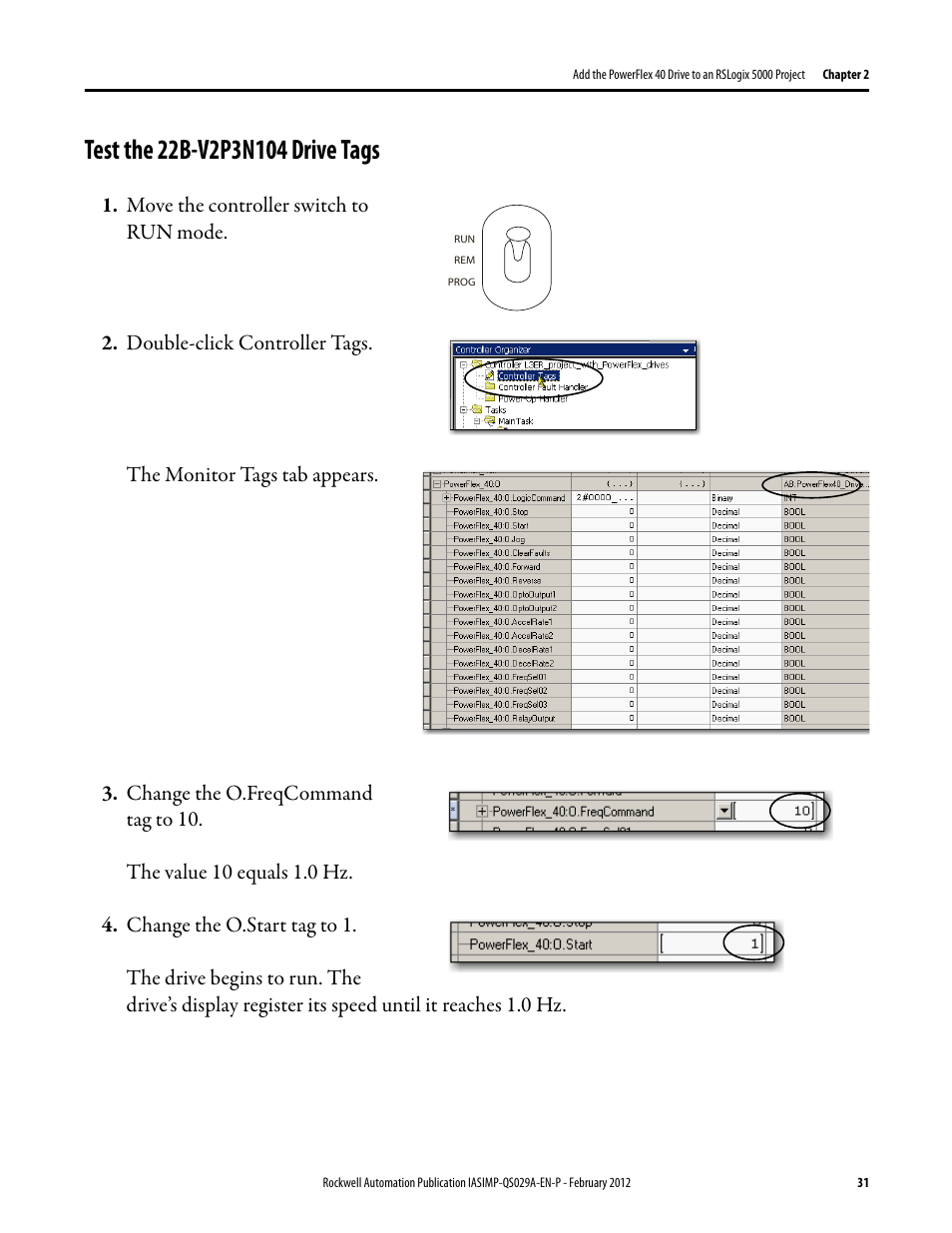 Test the 22b-v2p3n104 drive tags, Test the 22b, V2p3n104 drive tags | Rockwell Automation Logix5000 Systems: Connecting PowerFlex 40 Drives over an EtherNet/IP Network Quick Start User Manual | Page 31 / 36