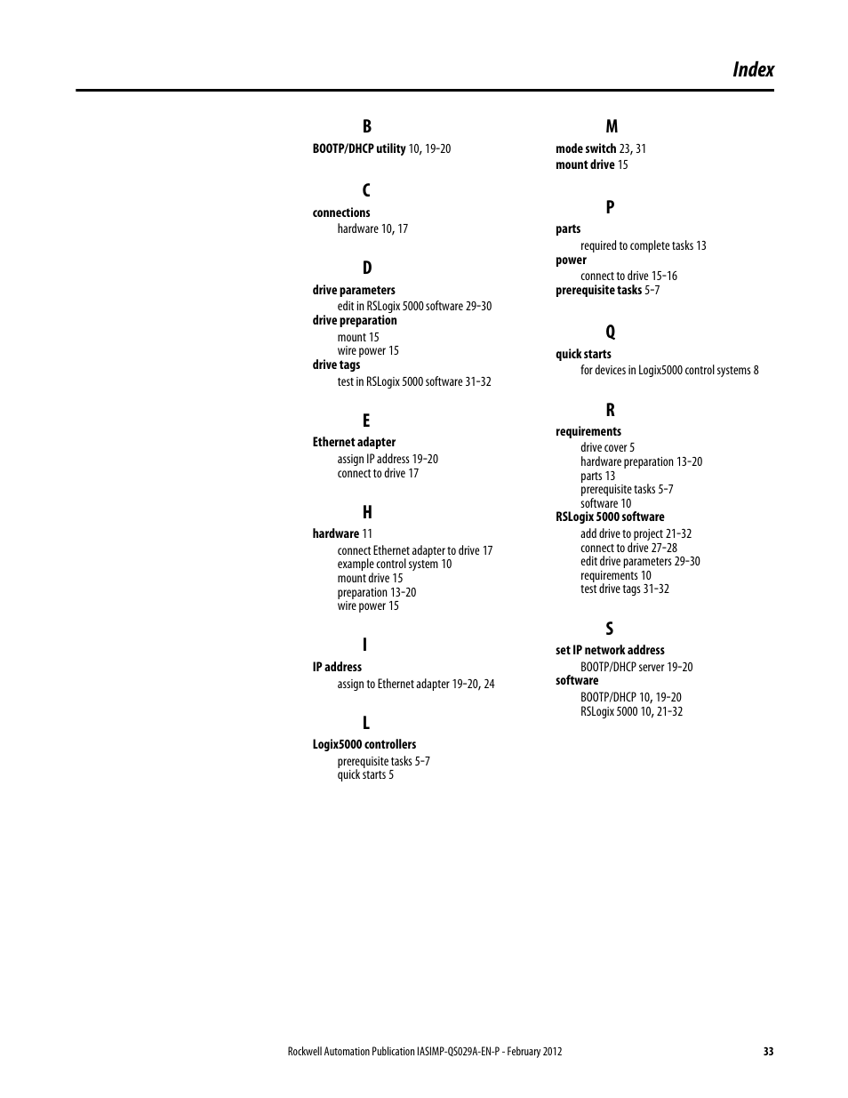 Index | Rockwell Automation Logix5000 Systems: Connecting PowerFlex 40 Drives over an EtherNet/IP Network Quick Start User Manual | Page 33 / 36