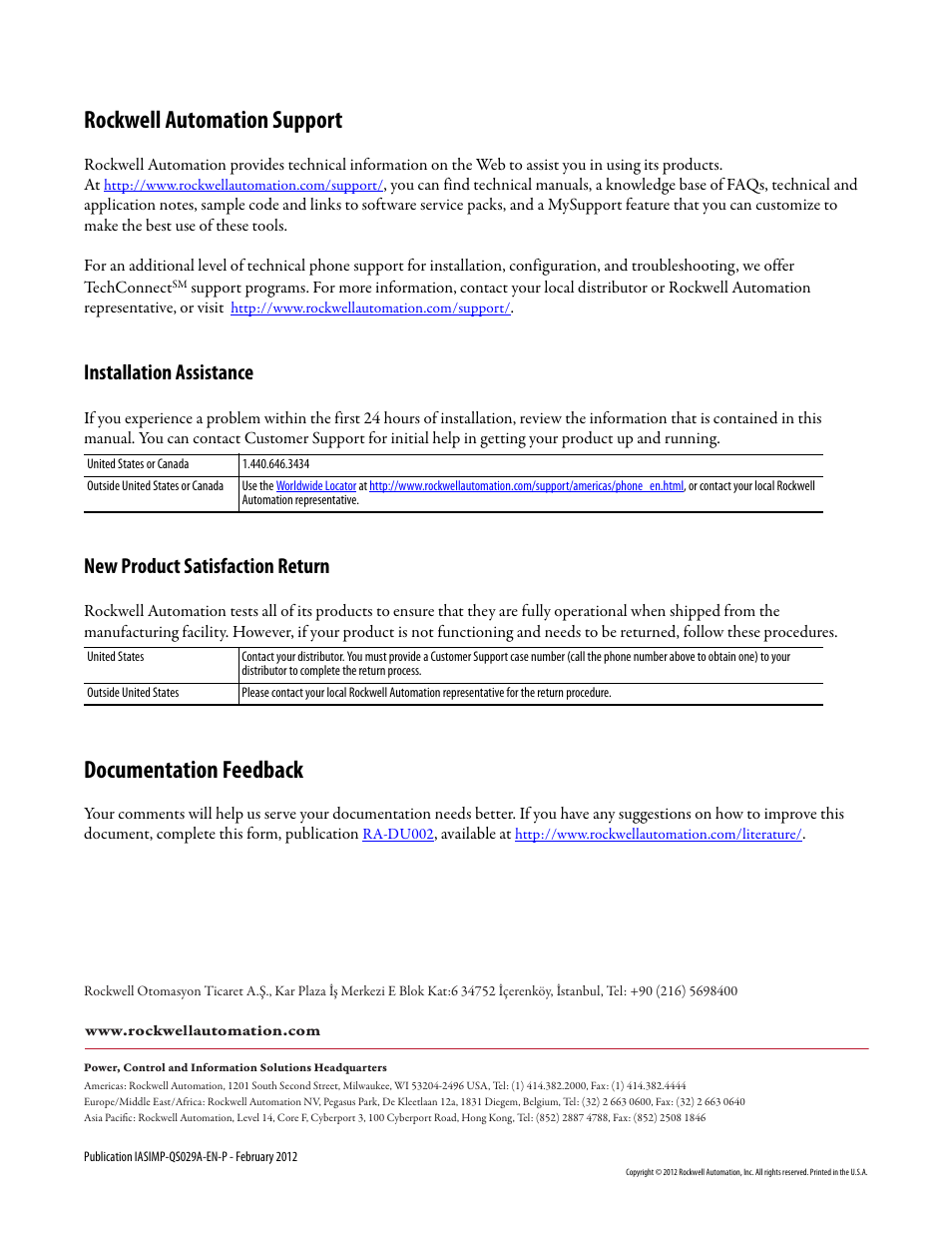 Back cover, Rockwell automation support, Documentation feedback | Installation assistance, New product satisfaction return | Rockwell Automation Logix5000 Systems: Connecting PowerFlex 40 Drives over an EtherNet/IP Network Quick Start User Manual | Page 36 / 36