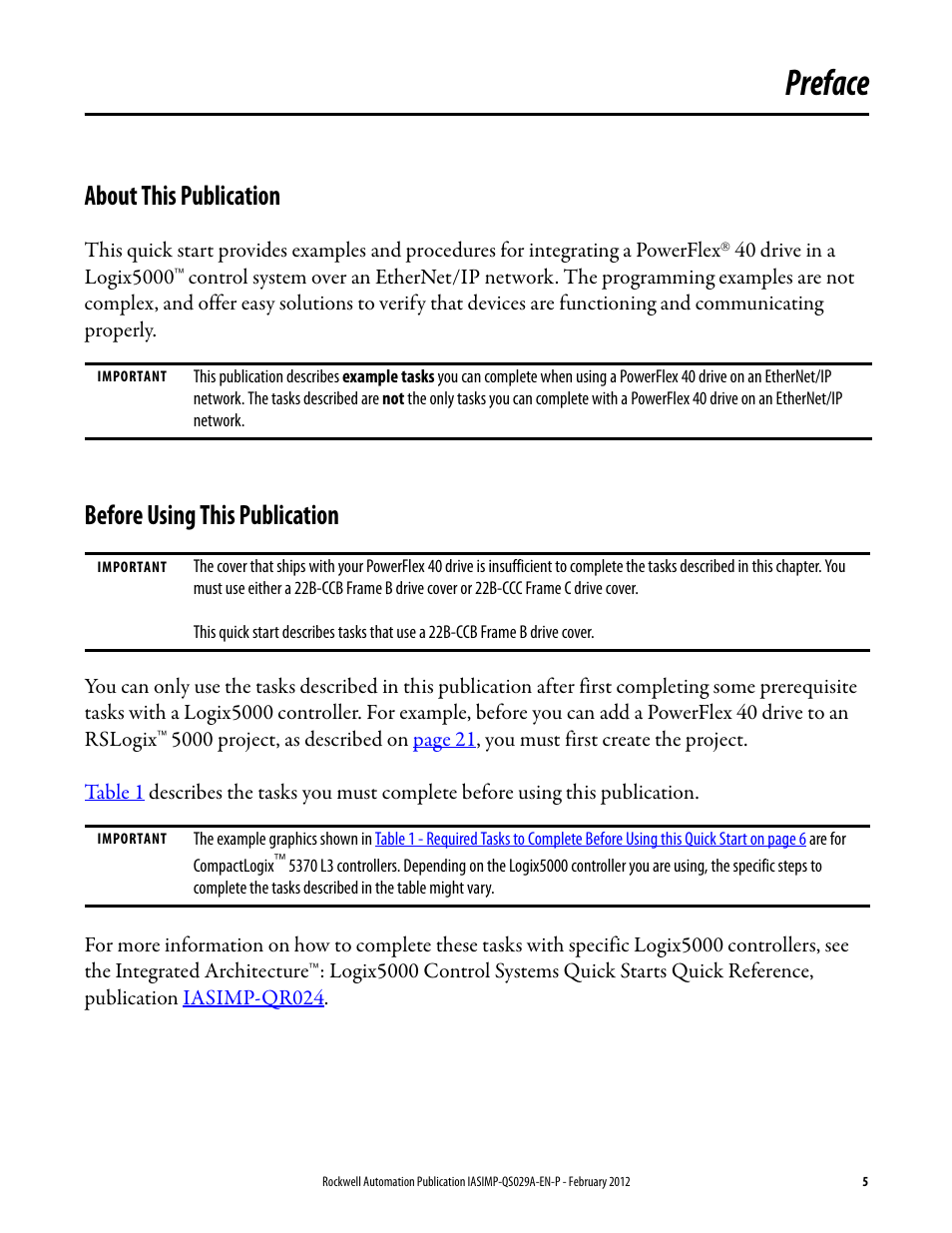 Preface, About this publication, Before using this publication | 5 before using this publication | Rockwell Automation Logix5000 Systems: Connecting PowerFlex 40 Drives over an EtherNet/IP Network Quick Start User Manual | Page 5 / 36