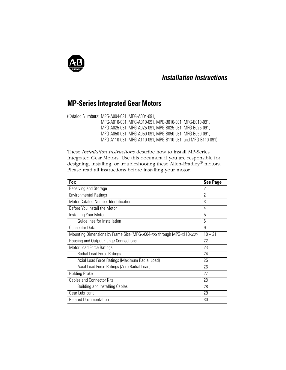 Rockwell Automation MPG-xxxx Integrated Gear Motor User Manual | 32 pages