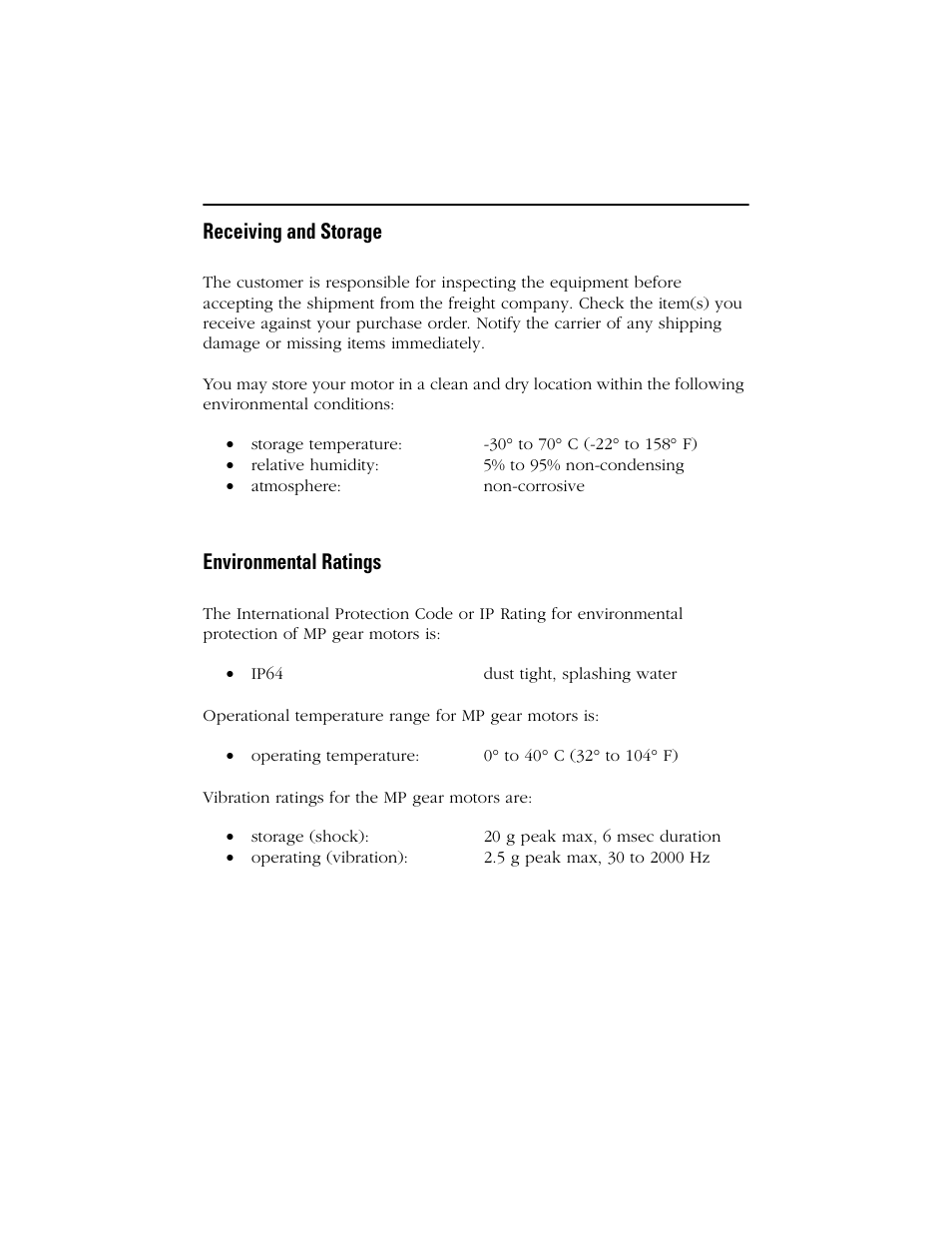 Receiving and storage, Environmental ratings | Rockwell Automation MPG-xxxx Integrated Gear Motor User Manual | Page 2 / 32