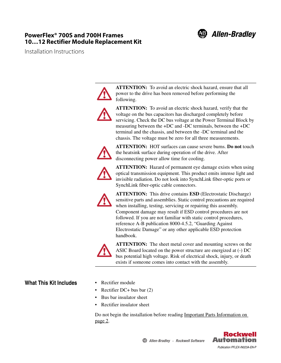 Rockwell Automation 20D PowerFlex 700S and 700H Frame 10...12 Rectifier Module Replacement Kit User Manual | 50 pages